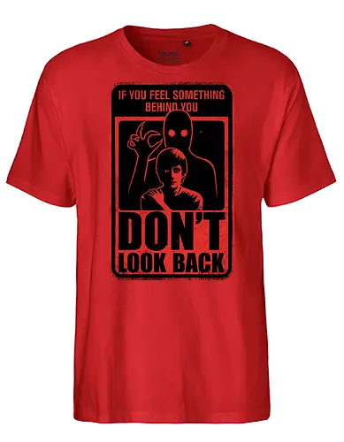 Horror Signs Creature Following - scary, cool, awesome, horror, horror stories, creepy, horror movies, books, spooky season, Halloween, creepypastas, shadow creature, shadow figure, smile, demon, spirit, shadow person, dead, ghost, sign, follow - Fairtrade T-Shirt
