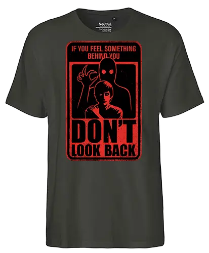 Horror Signs Creature Following - scary, cool, awesome, horror, horror stories, creepy, horror movies, books, spooky season, Halloween, creepypastas, shadow creature, shadow figure, smile, demon, spirit, shadow person, dead, ghost, sign, follow - Fairtrade T-Shirt