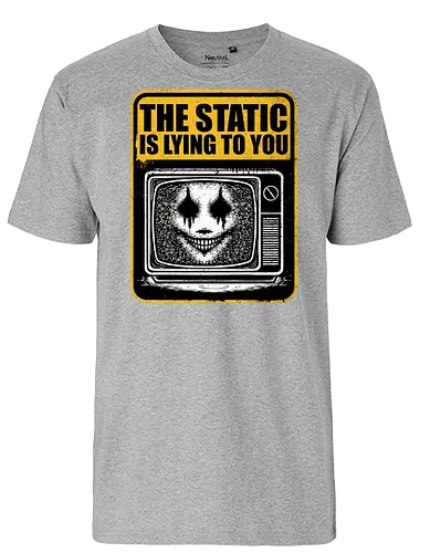 Horror Signs Shadow Static - old, sign, tv, scary, cool, awesome, horror, horror stories, creepy, horror movies, books, spooky season, Halloween, creepypastas, shadow creature, shadow figure, smile, demon, spirit, shadow person, dead, ghost, static, television - Fairtrade T-Shirt