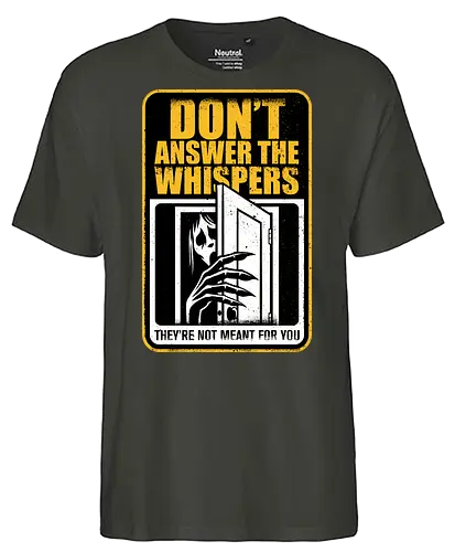 Horror Signs Whisper Darkness - spirit, shadow person, dead, ghost, sign, whisper, whispers, whispering, scary, cool, awesome, horror, horror stories, creepy, horror movies, books, spooky season, Halloween, creepypastas, shadow creature, shadow figure, smile, demon - Fairtrade T-Shirt