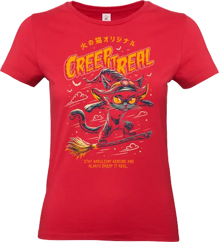 Creep it Real - Witch Cat - creep it real, witch cat, nekomancer, halloween, cat humor, trick or treat, spoopy, creepy, pumpkin, spooky, skate, surf, skateboard, ride the wave, ride the wind, horror, cute cat, cat joke, funny cat, internet meme, hilarious, funny meme, cat meme, humor, kitten, kitty, meow, pumpkin spice, don't boo - Standard T-Shirt (Frauen)