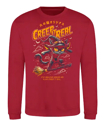 Creep it Real - Witch Cat - creep it real, witch cat, nekomancer, halloween, cat humor, trick or treat, spoopy, creepy, pumpkin, spooky, skate, surf, skateboard, ride the wave, ride the wind, horror, cute cat, cat joke, funny cat, internet meme, hilarious, funny meme, cat meme, humor, kitten, kitty, meow, pumpkin spice, don't boo - Sweatshirt