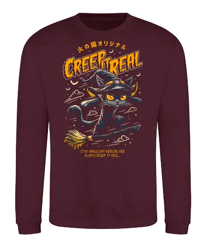 Creep it Real - Witch Cat - creep it real, witch cat, nekomancer, halloween, cat humor, trick or treat, spoopy, creepy, pumpkin, spooky, skate, surf, skateboard, ride the wave, ride the wind, horror, cute cat, cat joke, funny cat, internet meme, hilarious, funny meme, cat meme, humor, kitten, kitty, meow, pumpkin spice, don't boo - Sweatshirt