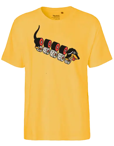 Wiener Roll - Dachshund, sushi, dog, sausage dog, wiener dog, art print, t-shirt design, funny, cute, humorous, food art, animal lover gift, Japanese food, minimalist, dog lover, pet owner, sushi lover - Fairtrade T-Shirt
