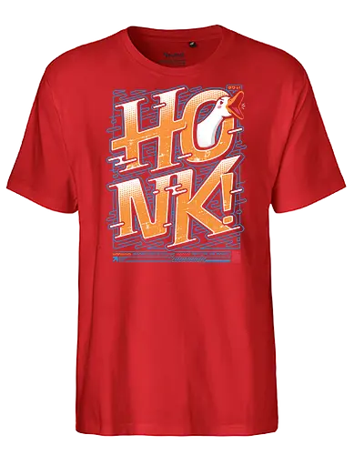 HONK! - goose honk, funny goose, aggressive goose, goose meme, honk design, japanese tech style, vibrant colors, meme t-shirt, funny animal shirt, goose lover, goose warning, honk goose, quirky streetwear, bold typography design, japanese inspired humor, cyber goose, techwear aesthetic, comedy shirt, internet meme shirt, funny gift - Fairtrade T-Shirt