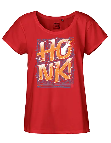 HONK! - goose honk, funny goose, aggressive goose, goose meme, honk design, japanese tech style, vibrant colors, meme t-shirt, funny animal shirt, goose lover, goose warning, honk goose, quirky streetwear, bold typography design, japanese inspired humor, cyber goose, techwear aesthetic, comedy shirt, internet meme shirt, funny gift - Fairtrade Girl Shirt