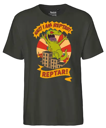 King Reptar - Reptar, Rugrats, Nickelodeon, 90s cartoon, 90s nostalgia, classic cartoon, Reptar bar, Angelica Pickles, vintage art, retro, fan art, t-shirt design, art print, pop culture, geek art, throwback - Fairtrade T-Shirt