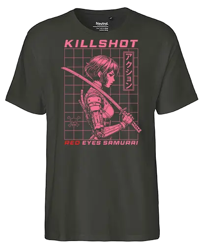 Red Eyes Samurai - samurai girl, japanese, anime, anime girls, katana, sword, cyberpunk, pink, red eyes, killshot, samurai, samurai warrior - Fairtrade T-Shirt