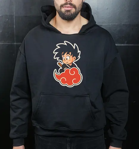 Cute Kid Goku - Kid Goku, Goku, Dragon, Flying Nimbus, anime, manga, cute, kawaii, classic anime, retro, fan art, t-shirt design, art print, pop culture, geek art, nostalgic, Chibi, Japanese anime - Cropped Hoodie