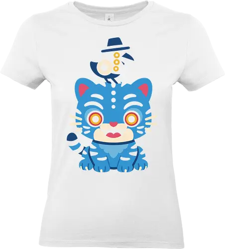 Cat and Bird Duo - Cute cat, blue cat, bird, top hat, animal art, whimsical, quirky, fantasy, art print, t-shirt design, fan art, pet lover gift, cartoon, fun, modern art, creature art - Standard T-Shirt (Frauen)