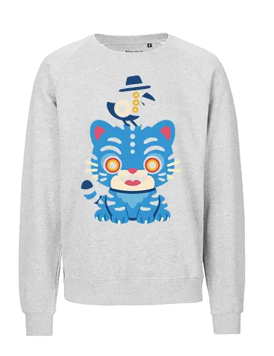 Cat and Bird Duo - Cute cat, blue cat, bird, top hat, animal art, whimsical, quirky, fantasy, art print, t-shirt design, fan art, pet lover gift, cartoon, fun, modern art, creature art - Fairtrade Sweatshirt