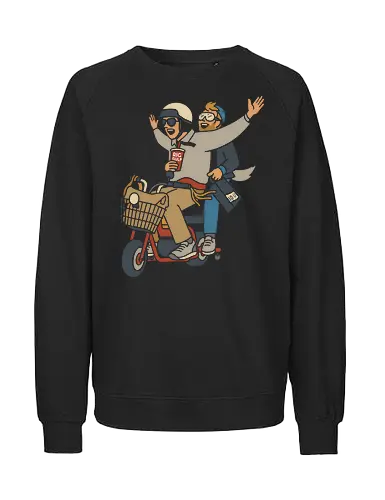 On a Moped for a Good Time - Moped, adventure, friends, fun, Big Gulp, retro, stylish, unique art, cool, art print, t-shirt design, urban adventure, hipster, minimalist, funny, pop culture - Fairtrade Sweatshirt