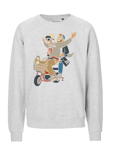 On a Moped for a Good Time - Moped, adventure, friends, fun, Big Gulp, retro, stylish, unique art, cool, art print, t-shirt design, urban adventure, hipster, minimalist, funny, pop culture - Fairtrade Sweatshirt