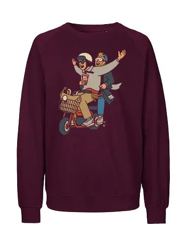 On a Moped for a Good Time - Moped, adventure, friends, fun, Big Gulp, retro, stylish, unique art, cool, art print, t-shirt design, urban adventure, hipster, minimalist, funny, pop culture - Fairtrade Sweatshirt