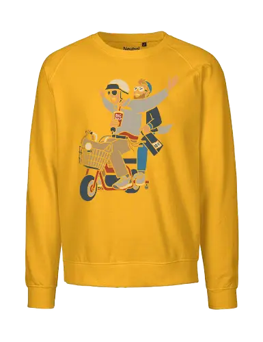 On a Moped for a Good Time - Moped, adventure, friends, fun, Big Gulp, retro, stylish, unique art, cool, art print, t-shirt design, urban adventure, hipster, minimalist, funny, pop culture - Fairtrade Sweatshirt