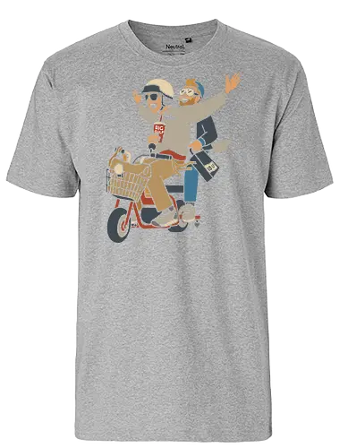 On a Moped for a Good Time - Moped, adventure, friends, fun, Big Gulp, retro, stylish, unique art, cool, art print, t-shirt design, urban adventure, hipster, minimalist, funny, pop culture - Fairtrade T-Shirt