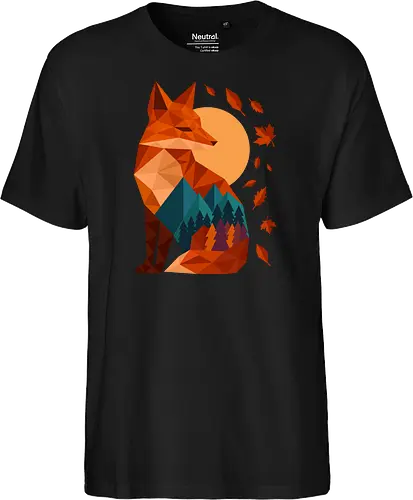 Geometric Fox Under Autumn Moon - fall, abstract, autumn, autumn leaves, autumn season, colorful, fall vibes, fox, geometric, lanscape, moon, mountain, nature, travel, outdoors - Fairtrade T-Shirt