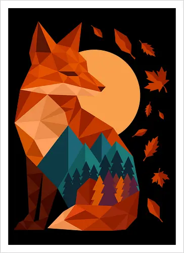 Geometric Fox Under Autumn Moon