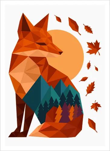 Geometric Fox Under Autumn Moon - fall, abstract, autumn, autumn leaves, autumn season, colorful, fall vibes, fox, geometric, lanscape, moon, mountain, nature, travel, outdoors - Kunstdruck