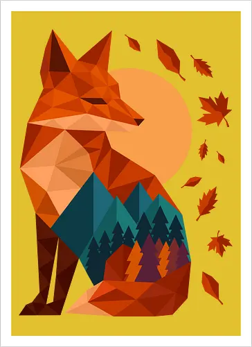 Geometric Fox Under Autumn Moon - fall, abstract, autumn, autumn leaves, autumn season, colorful, fall vibes, fox, geometric, lanscape, moon, mountain, nature, travel, outdoors - Kunstdruck