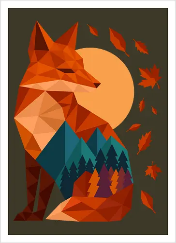 Geometric Fox Under Autumn Moon - fall, abstract, autumn, autumn leaves, autumn season, colorful, fall vibes, fox, geometric, lanscape, moon, mountain, nature, travel, outdoors - Kunstdruck