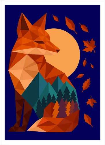 Geometric Fox Under Autumn Moon