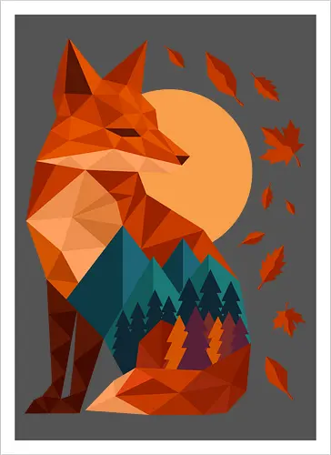 Geometric Fox Under Autumn Moon - fall, abstract, autumn, autumn leaves, autumn season, colorful, fall vibes, fox, geometric, lanscape, moon, mountain, nature, travel, outdoors - Kunstdruck