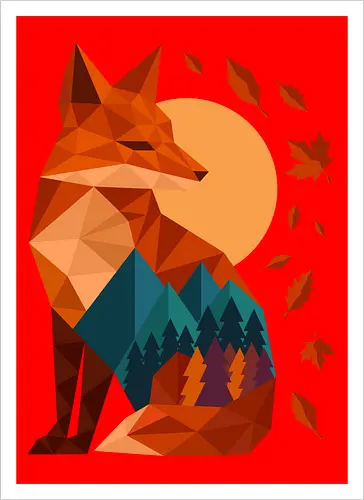 Geometric Fox Under Autumn Moon - fall, abstract, autumn, autumn leaves, autumn season, colorful, fall vibes, fox, geometric, lanscape, moon, mountain, nature, travel, outdoors - Kunstdruck