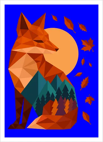 Geometric Fox Under Autumn Moon - fall, abstract, autumn, autumn leaves, autumn season, colorful, fall vibes, fox, geometric, lanscape, moon, mountain, nature, travel, outdoors - Kunstdruck