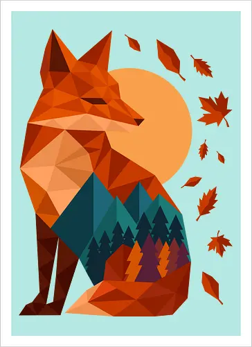 Geometric Fox Under Autumn Moon - fall, abstract, autumn, autumn leaves, autumn season, colorful, fall vibes, fox, geometric, lanscape, moon, mountain, nature, travel, outdoors - Kunstdruck