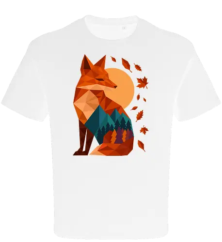 Geometric Fox Under Autumn Moon - fall, abstract, autumn, autumn leaves, autumn season, colorful, fall vibes, fox, geometric, lanscape, moon, mountain, nature, travel, outdoors - Oversize T-Shirt