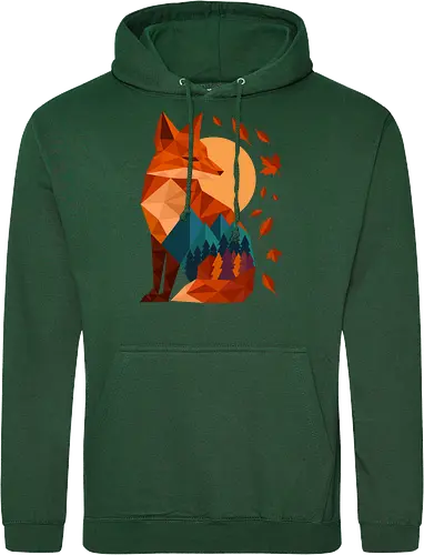 Geometric Fox Under Autumn Moon - fall, abstract, autumn, autumn leaves, autumn season, colorful, fall vibes, fox, geometric, lanscape, moon, mountain, nature, travel, outdoors - Standard Hoodie