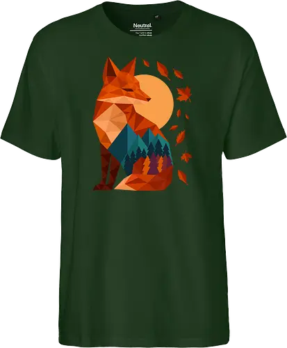 Geometric Fox Under Autumn Moon - fall, abstract, autumn, autumn leaves, autumn season, colorful, fall vibes, fox, geometric, lanscape, moon, mountain, nature, travel, outdoors - Fairtrade T-Shirt