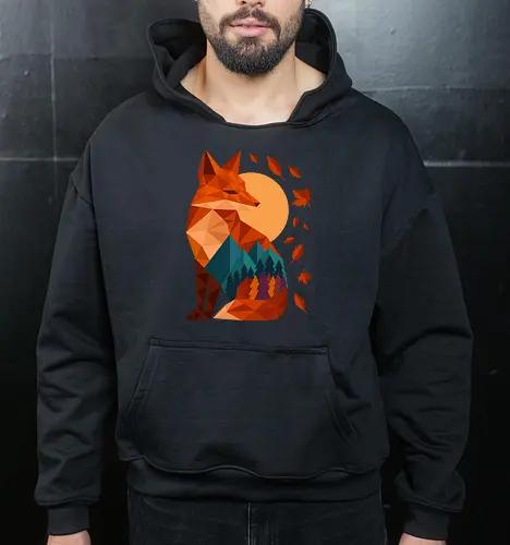 Geometric Fox Under Autumn Moon - fall, abstract, autumn, autumn leaves, autumn season, colorful, fall vibes, fox, geometric, lanscape, moon, mountain, nature, travel, outdoors - Cropped Hoodie