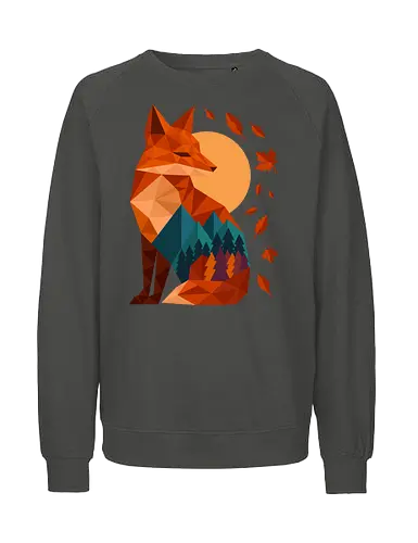 Geometric Fox Under Autumn Moon - fall, abstract, autumn, autumn leaves, autumn season, colorful, fall vibes, fox, geometric, lanscape, moon, mountain, nature, travel, outdoors - Fairtrade Sweatshirt
