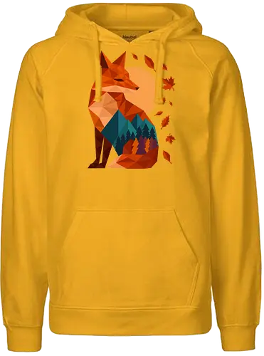 Geometric Fox Under Autumn Moon - fall, abstract, autumn, autumn leaves, autumn season, colorful, fall vibes, fox, geometric, lanscape, moon, mountain, nature, travel, outdoors - Fairtrade Hoodie