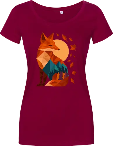 Geometric Fox Under Autumn Moon - fall, abstract, autumn, autumn leaves, autumn season, colorful, fall vibes, fox, geometric, lanscape, moon, mountain, nature, travel, outdoors - Damen T-Shirt