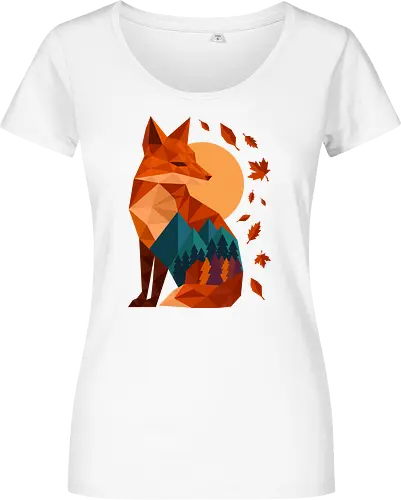Geometric Fox Under Autumn Moon - fall, abstract, autumn, autumn leaves, autumn season, colorful, fall vibes, fox, geometric, lanscape, moon, mountain, nature, travel, outdoors - Damen T-Shirt