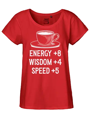 Coffe Stats - Kaffee, Koffein, Essen, trinken, Heißgetränk, Stats, Gaming, Gamer, Nerd, Geeek, TTRPG, Rollenspiel, Pen & Paper, D20, Level UP, Pen and Paper, Programmierer, IT - Fairtrade Girl Shirt