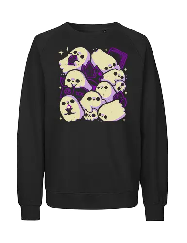 Spooky Cute Ghosts and Witchcraft - occult, doodle, whimsical, xmorfina, witchcraft, ghosts, ghost, spooky cute, creepy cute, witch, crystal, black magic, purple, spellbook, skull - Fairtrade Sweatshirt