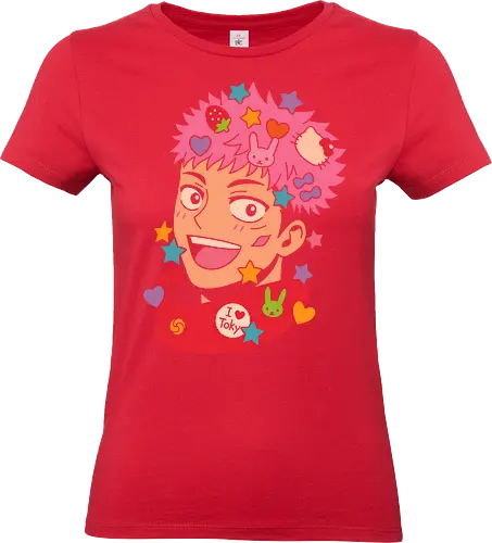 Cute Yuji Itadori - Yuji Itadori, Jujutsu, JJK, anime, manga, kawaii, cute, Harajuku, Cat, fan art, t-shirt design, art print, pink, stars, bunny, pop culture, geek art, Chibi, anime fan gift, funny anime - Standard T-Shirt (Frauen)