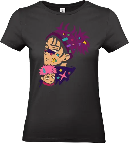 Kawaii Satoru and Sukuna - Satoru Gojo, Sukuna, Jujutsu, JJK, anime, manga, kawaii, cute, Harajuku, pop culture, art print, purple, stickers, chibi, funny anime, geek art, fan art, t-shirt design - Standard T-Shirt (Frauen)
