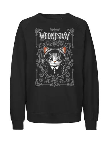 Wednesday Goth Cat - wednesday addams, black cat, cute, chibi, cartoon, addams, goth, viral, wednesday, addams family, halloween, horror, morticia, gomez, gothic, funny, parody, hilarious - Fairtrade Sweatshirt