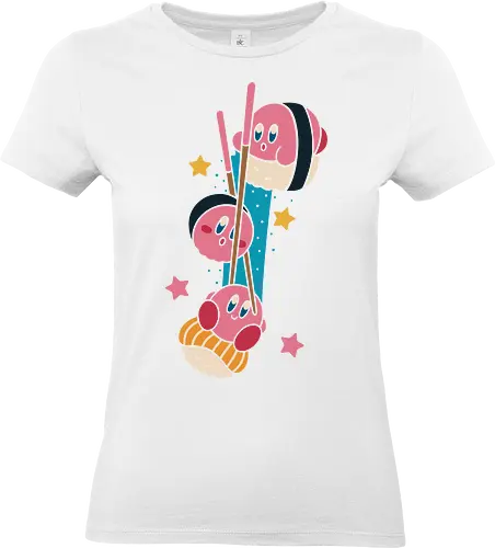 Pink Sushi Stack - Pink, sushi, video game, cute, kawaii, fan art, t-shirt design, art print, food art, Japanese food, pink, gamer gift, geek art, chopsticks, Kirby fan, funny, adorable - Standard T-Shirt (Frauen)