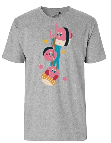 Pink Sushi Stack - Pink, sushi, video game, cute, kawaii, fan art, t-shirt design, art print, food art, Japanese food, pink, gamer gift, geek art, chopsticks, Kirby fan, funny, adorable - Fairtrade T-Shirt