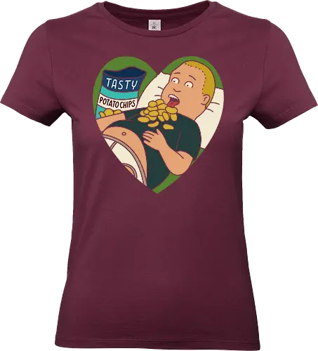 My Heart Belongs to Chips - Bobby Hill, King of the Hill, potato chips, funny, humor, snack lover, fan art, t-shirt design, art print, heart, eating, cartoon, pop culture, Mike Judge, retro cartoon, geek humor - Standard T-Shirt (Frauen)