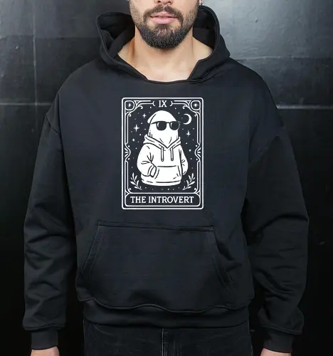 The Introvert Tarot Card - Introvert, The Introvert Tarot, ghost, spooky, funny, tarot card, meme, hoodie, sunglasses, celestial, spooky season, goth, pastel goth, quiet, t-shirt design, art print, minimalist, shy, unique humor - Cropped Hoodie