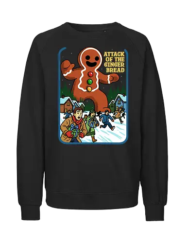 Attack of the Gingerbread  - retro horror, Christmas horror, retro Christmas, vintage Christmas, gingerbread attack, gingerbread monster, absurd, Christmas parody, humor, gingerbread - Fairtrade Sweatshirt