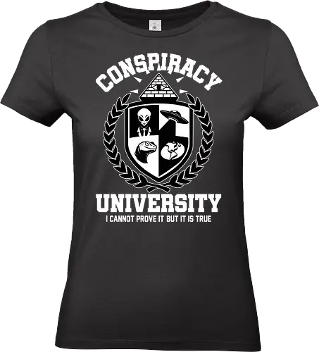 Conspiracy University Meme - University, college, fun, funny, memes, meme, internet, humor, parody, coat of arms, shield, Extraterrestrial, grey alien, alien, Conspiracy, UFO, Illuminati, pyramid, lizard folk, flat earth, earth - Standard T-Shirt (Frauen)