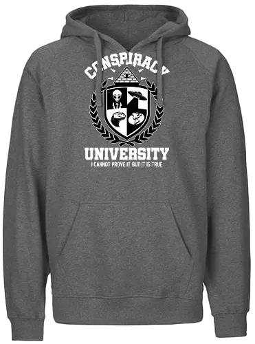 Conspiracy University Meme - University, college, fun, funny, memes, meme, internet, humor, parody, coat of arms, shield, Extraterrestrial, grey alien, alien, Conspiracy, UFO, Illuminati, pyramid, lizard folk, flat earth, earth - Fairtrade Hoodie